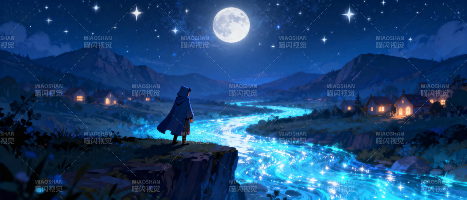 月夜河畔孤影图片