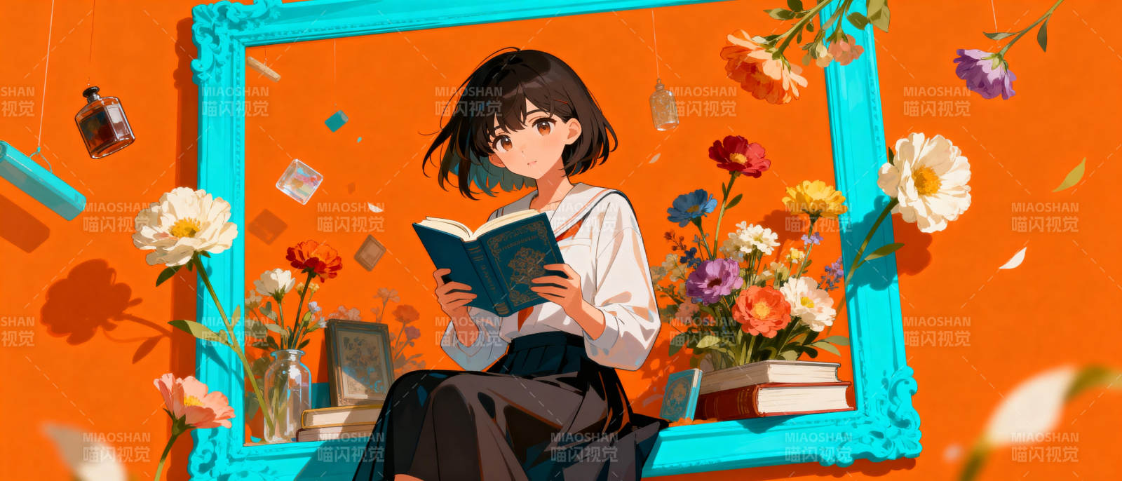 花间读书的女孩图片