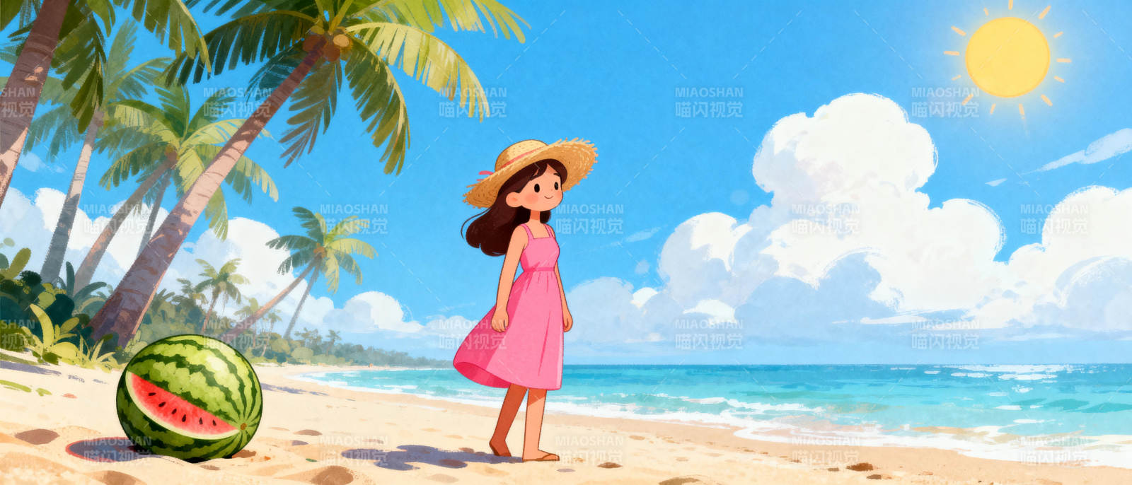 海滩上的西瓜女孩图片