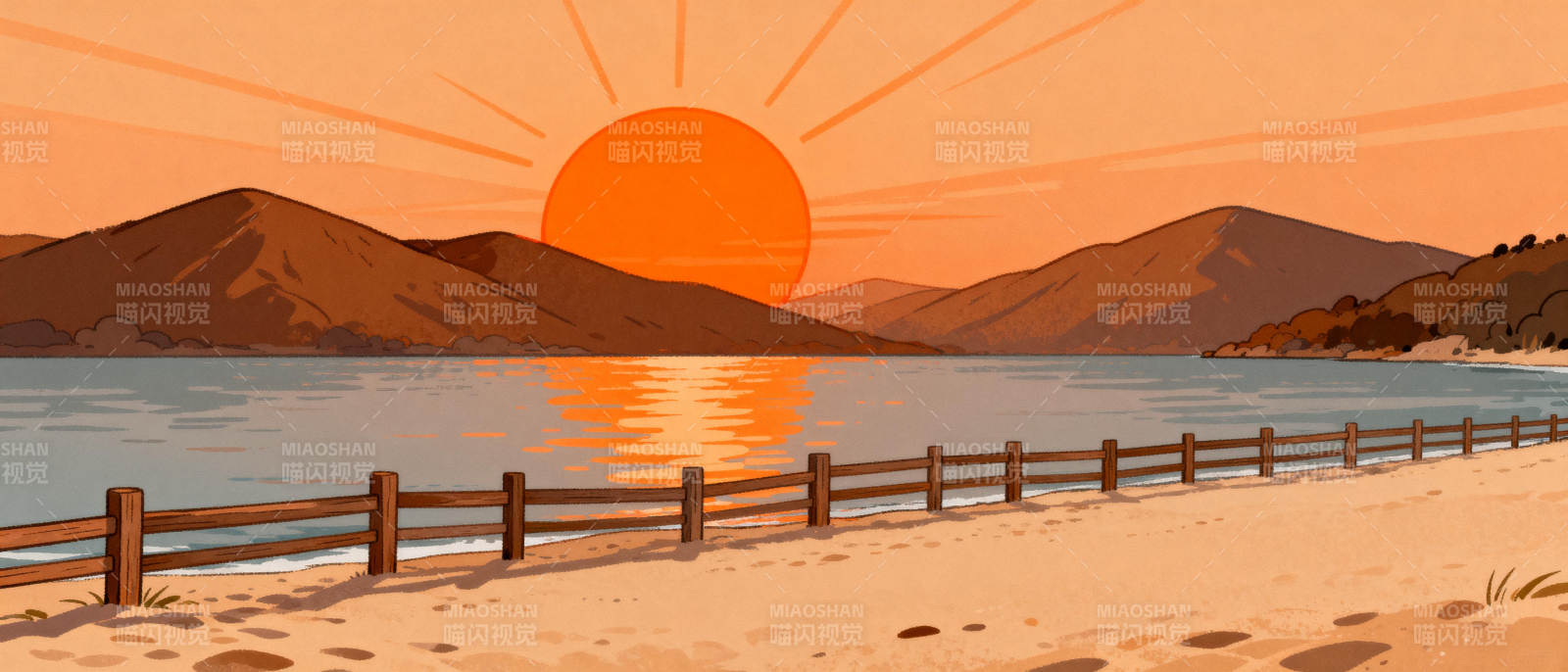 夕阳湖畔静谧景图片