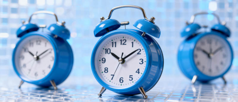 蓝色闹钟静置桌面图片