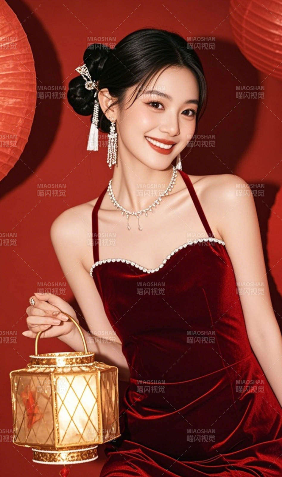 红裙佳人持灯笑图片