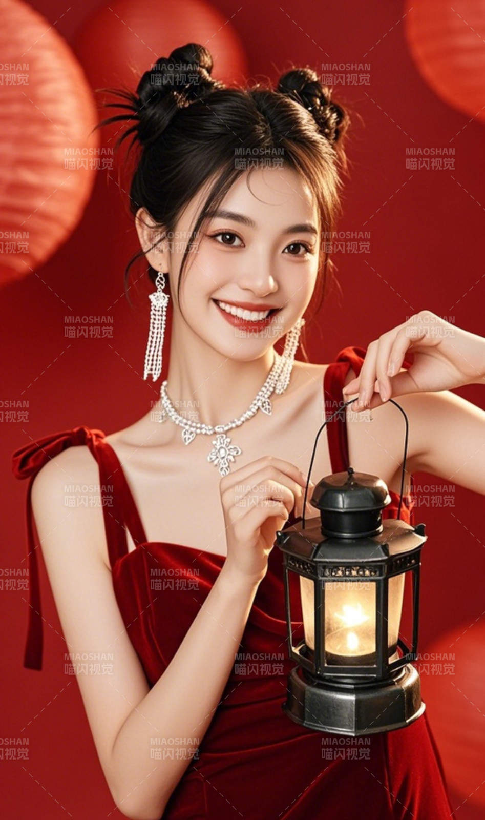红衣女子提灯笑图片