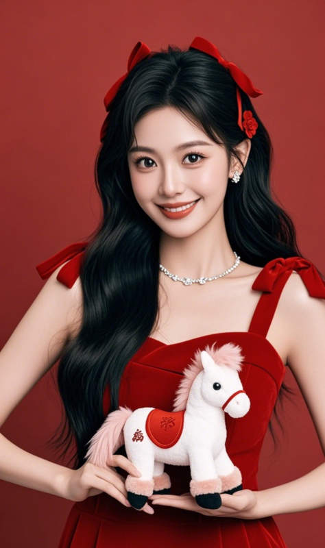 红裙少女抱白马图片