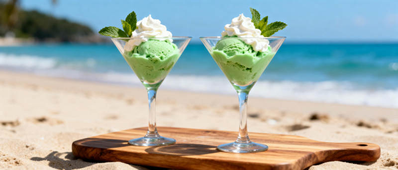 海滩上的抹茶甜品图片