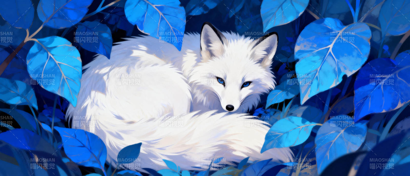 蓝叶中的白狐图片