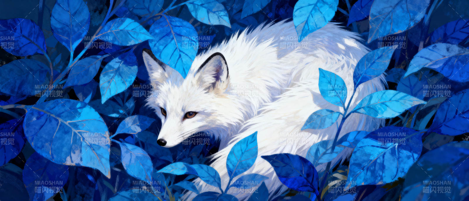 蓝叶中的白狐图片