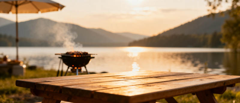 湖畔烧烤夕阳景图片
