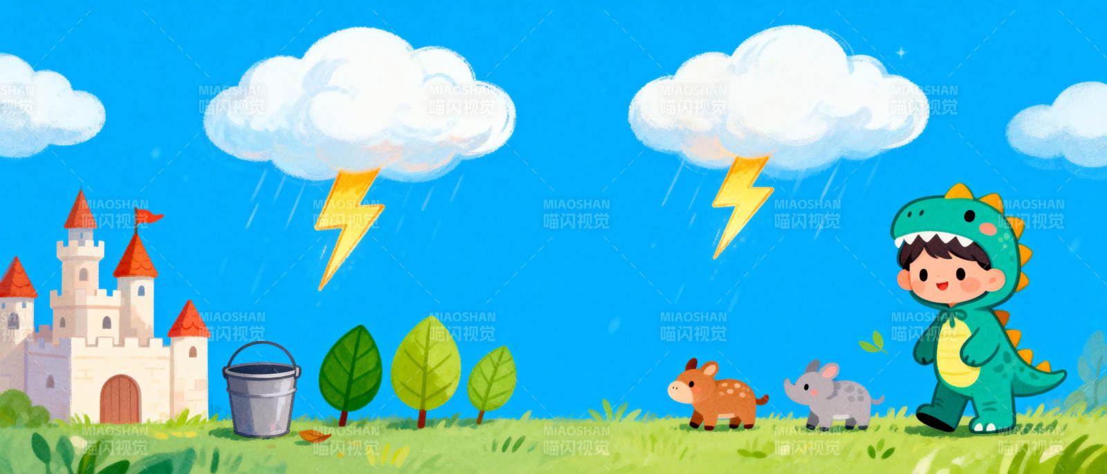 恐龙男孩雨中探险图片