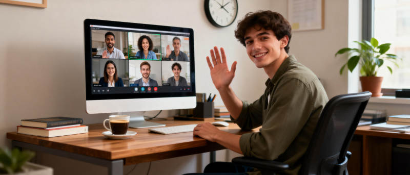 视频会议中的微笑青年图片