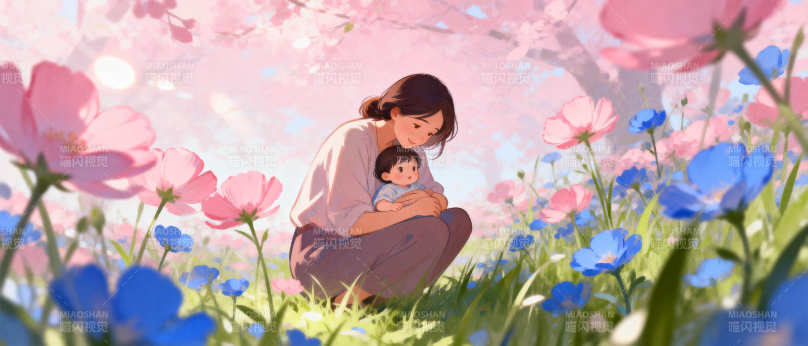 春日母子花间憩图片