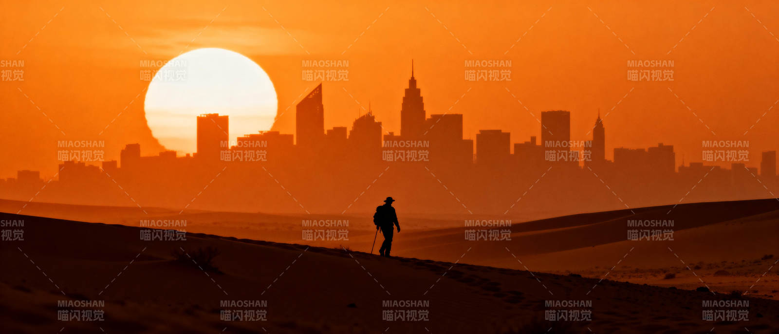 夕阳下的城市剪影图片