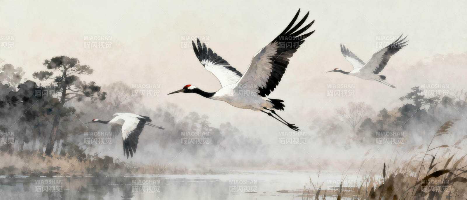鹤舞晨雾图片
