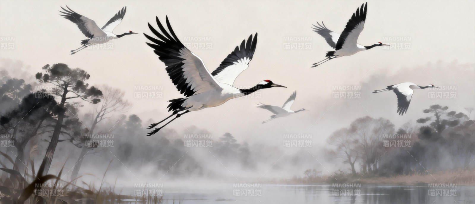 鹤舞晨雾图片