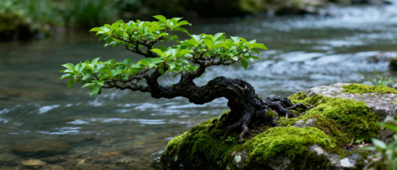 溪畔古树静谧景图片