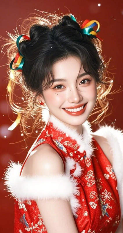 红衣少女笑迎春图片