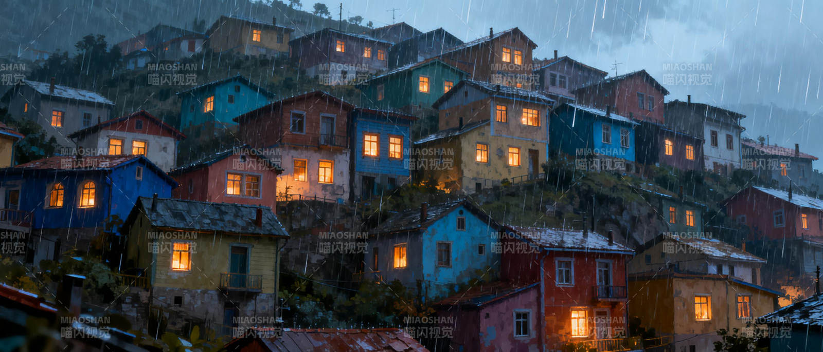 雨夜山居灯火温暖图片