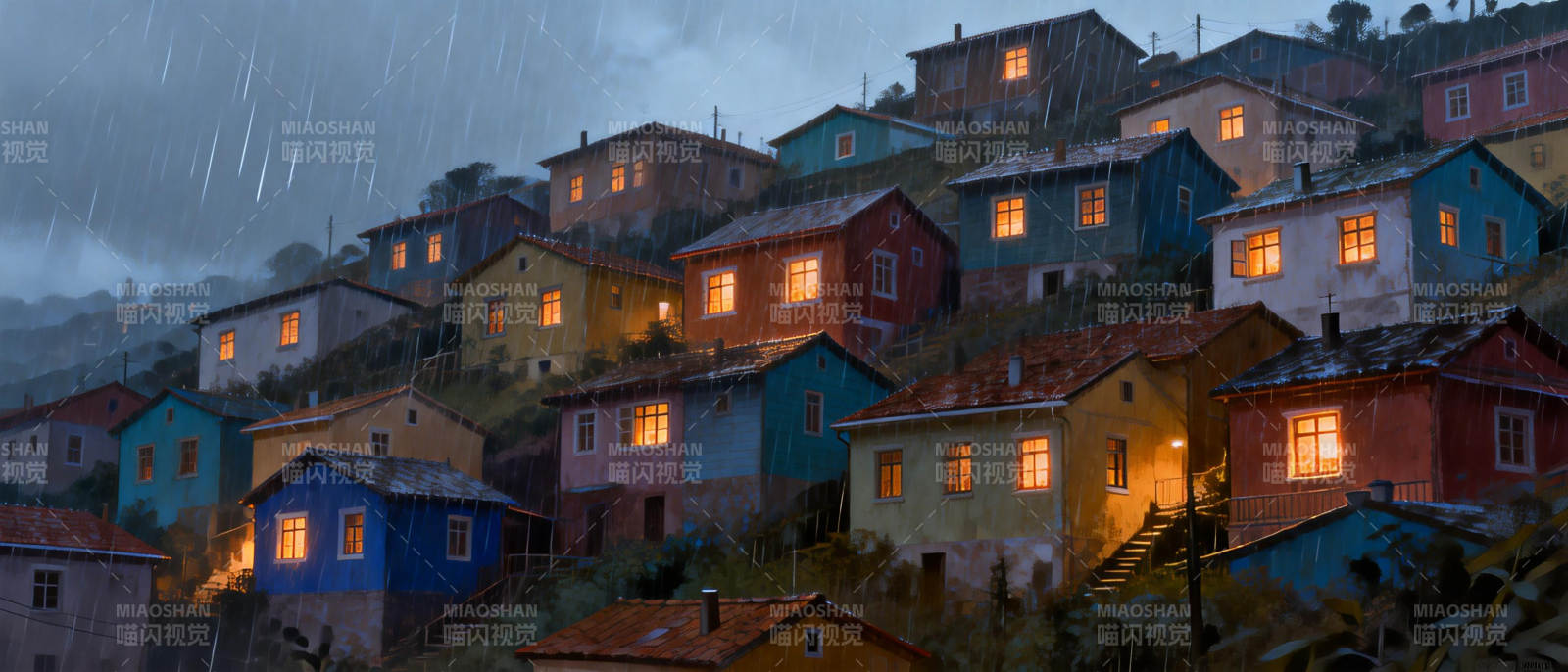 雨夜彩屋山居图图片