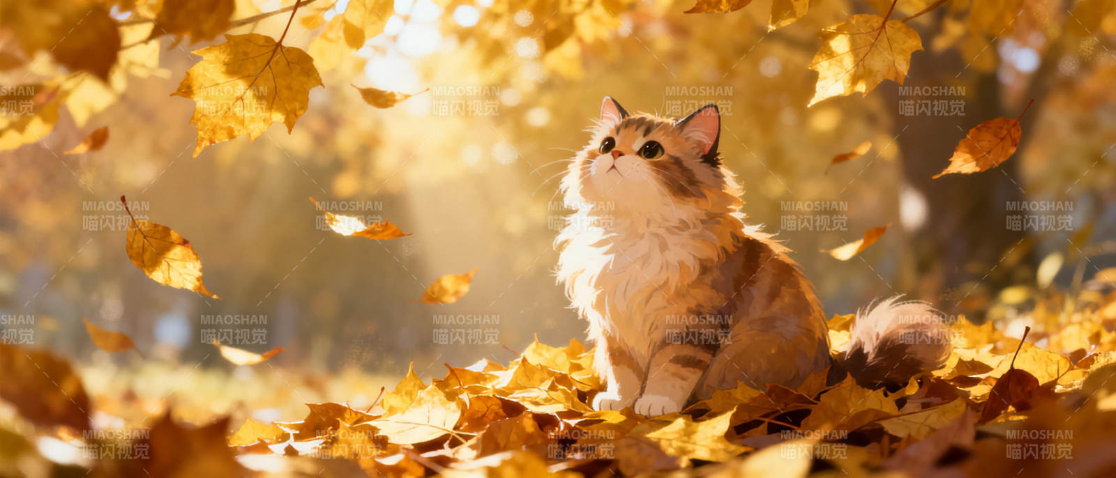 秋叶中的猫咪图片