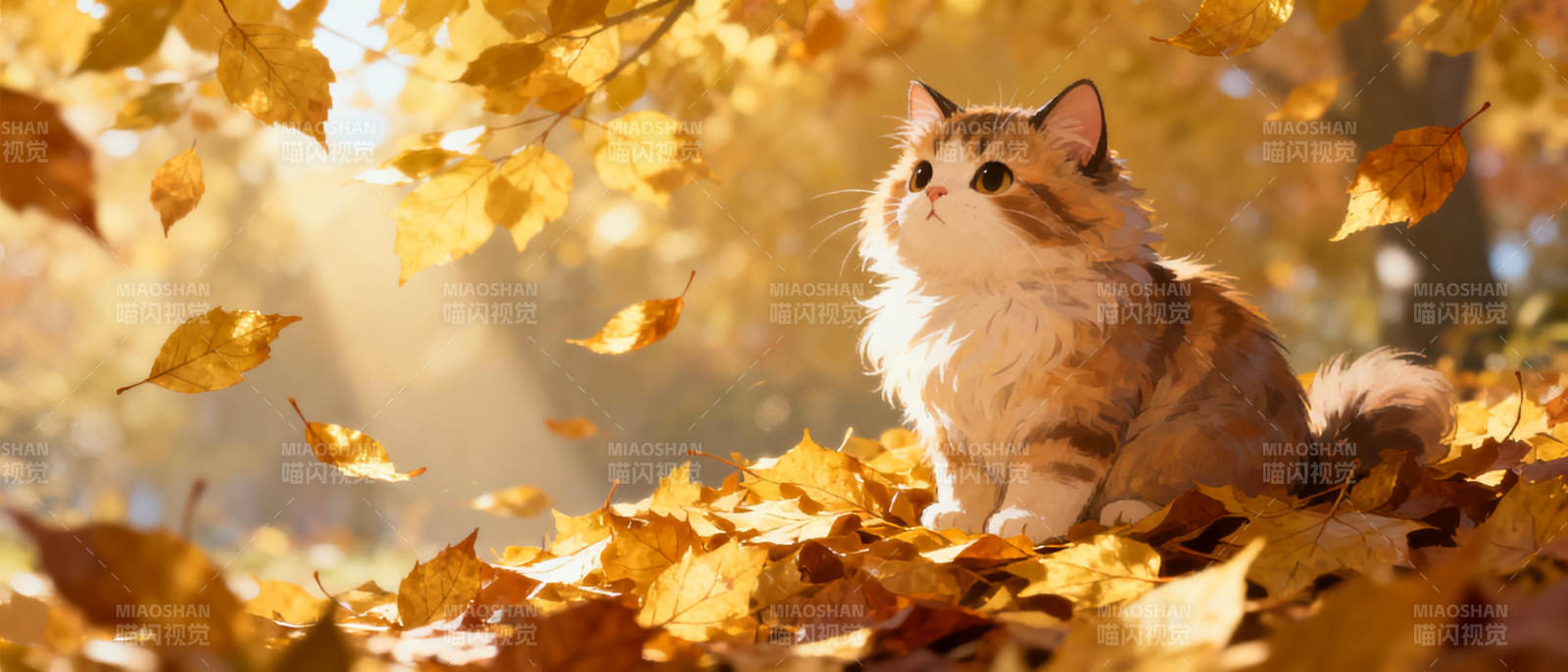 秋叶中的猫咪图片
