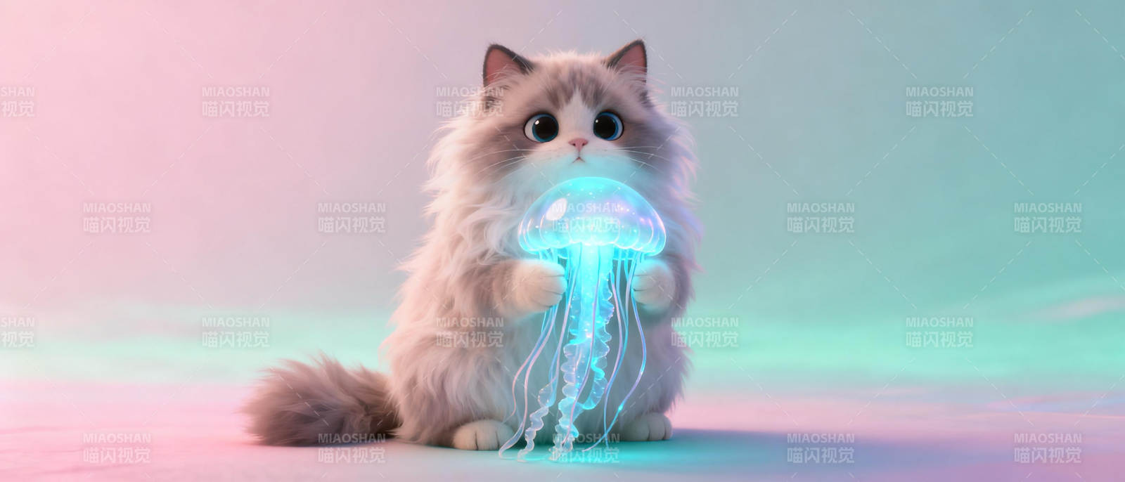 萌猫捧发光水母图片