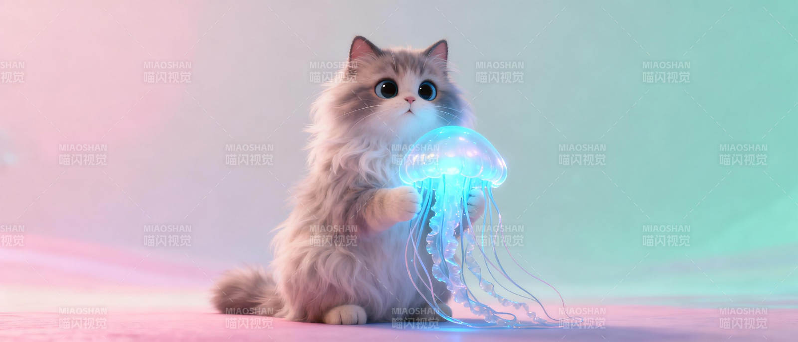 猫咪与发光水母图片