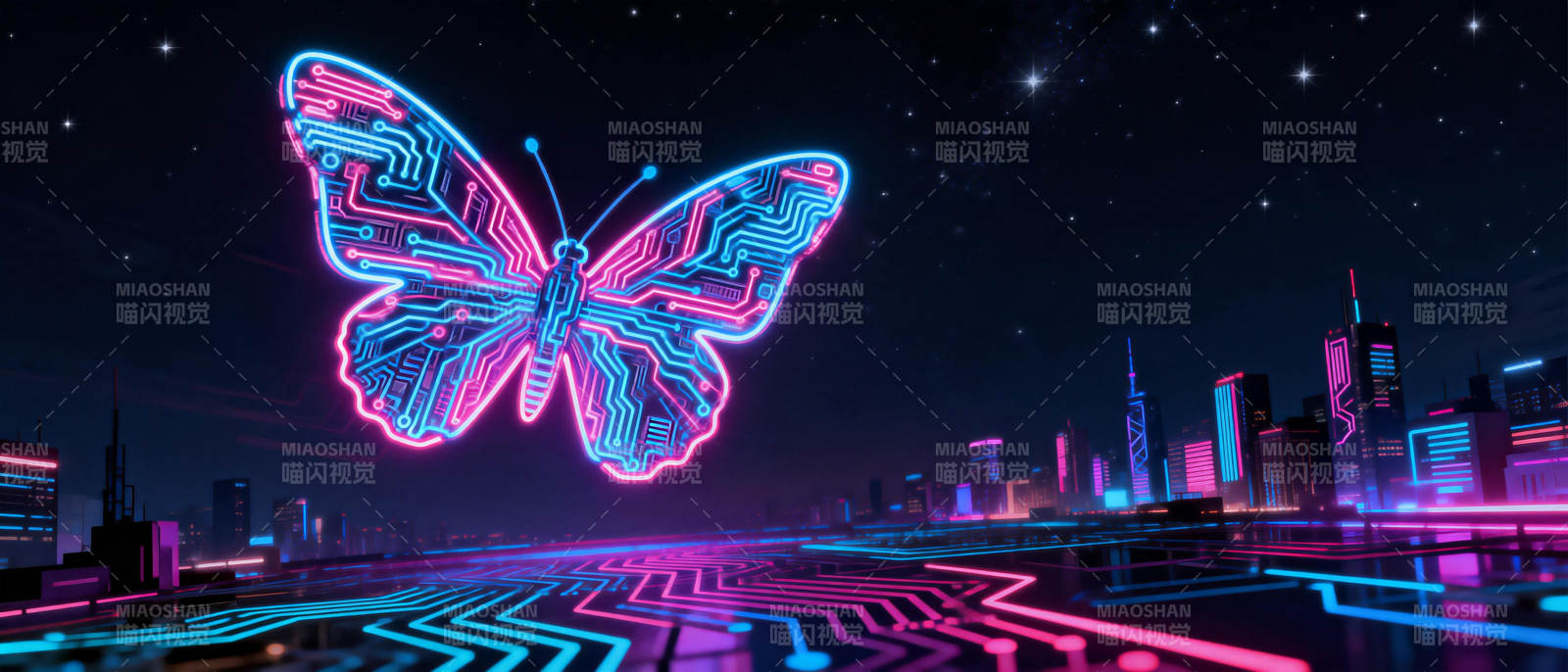 霓虹蝶影都市夜图片