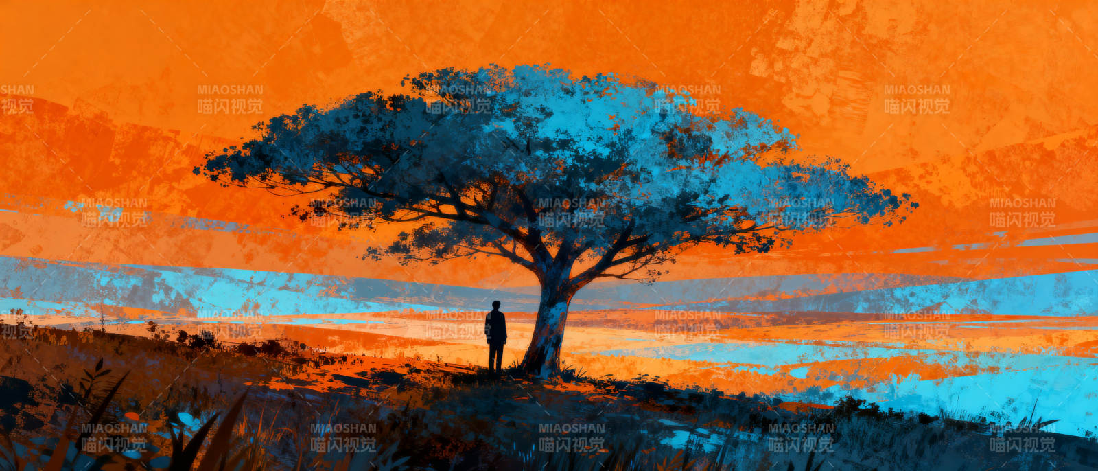 孤树剪影夕阳下图片