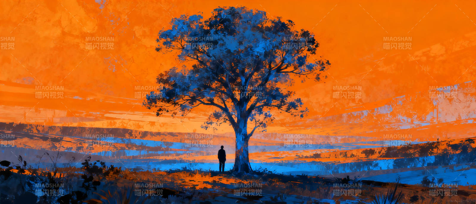 孤树剪影夕阳下图片
