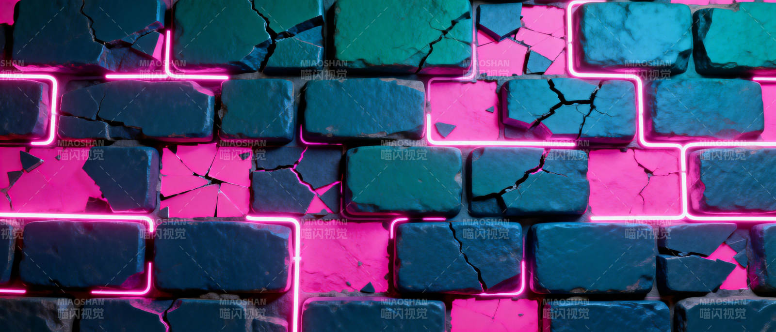 霓虹裂纹砖墙图片