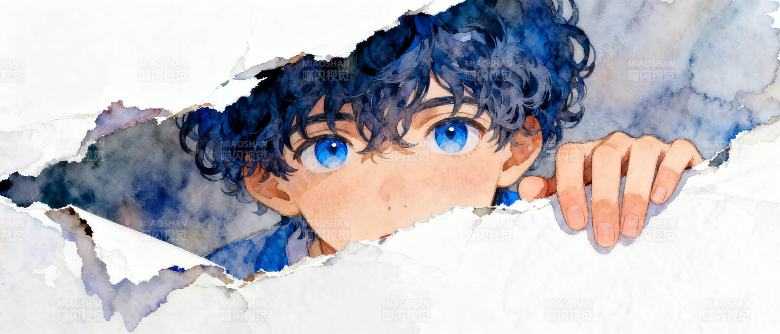 破纸窥视的蓝眼少年图片