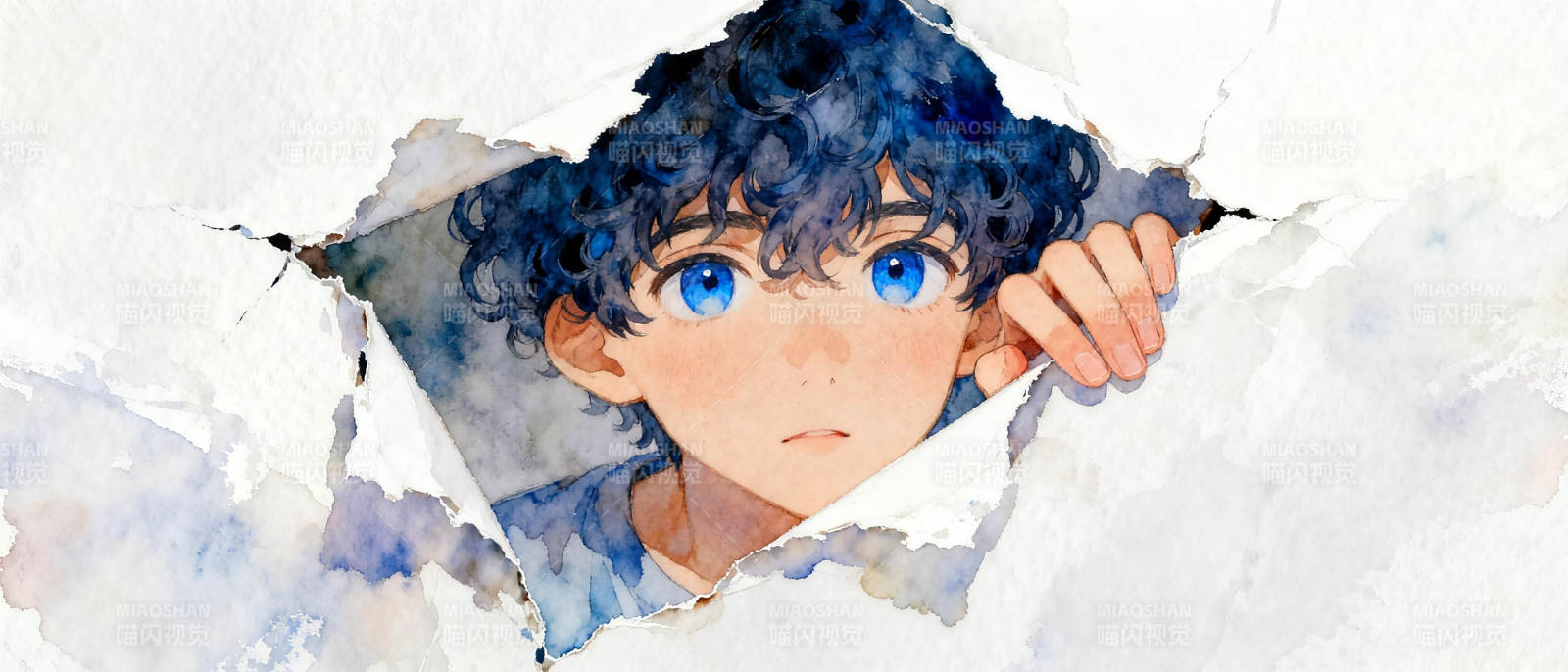 破纸窥视的蓝眼少年图片