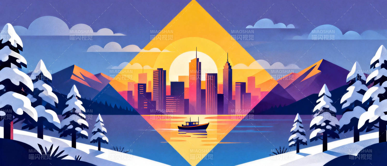 雪景都市日出图图片