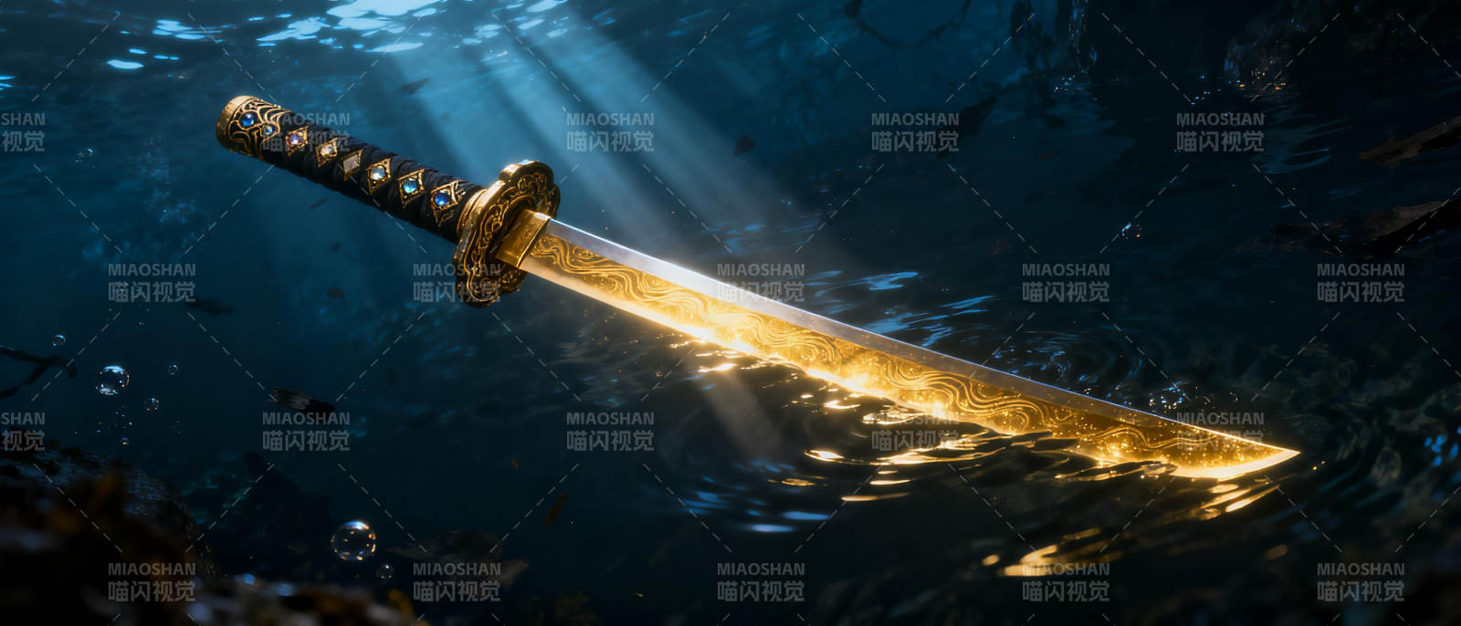 水中宝剑光芒闪烁图片