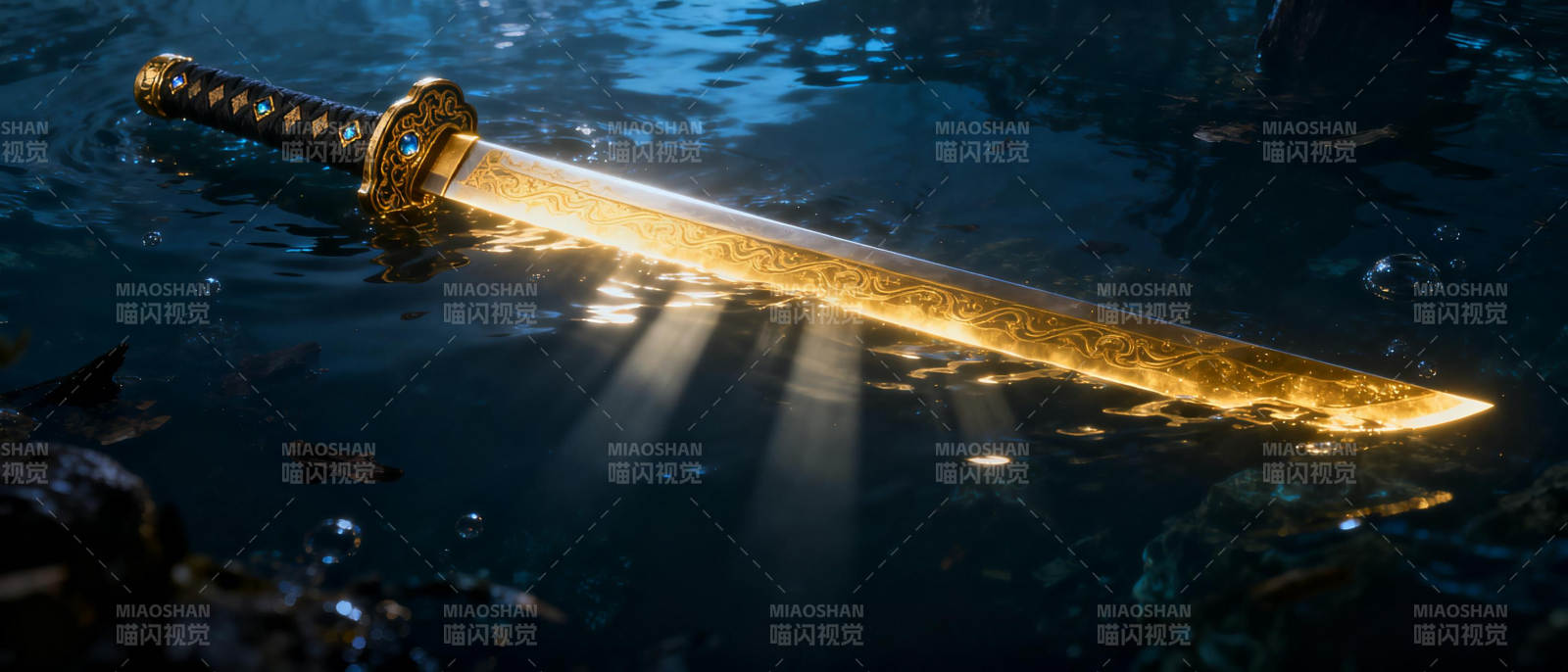 水中宝剑光芒闪烁图片
