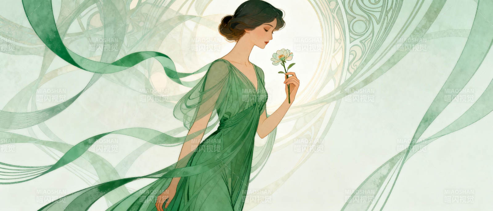 绿裙女子持花图片