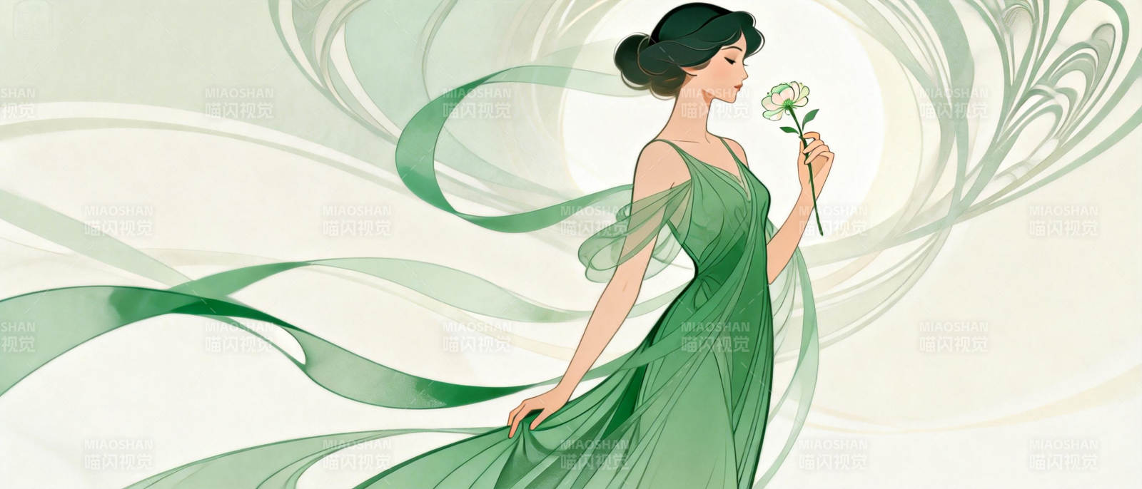 绿裙女子持花图片