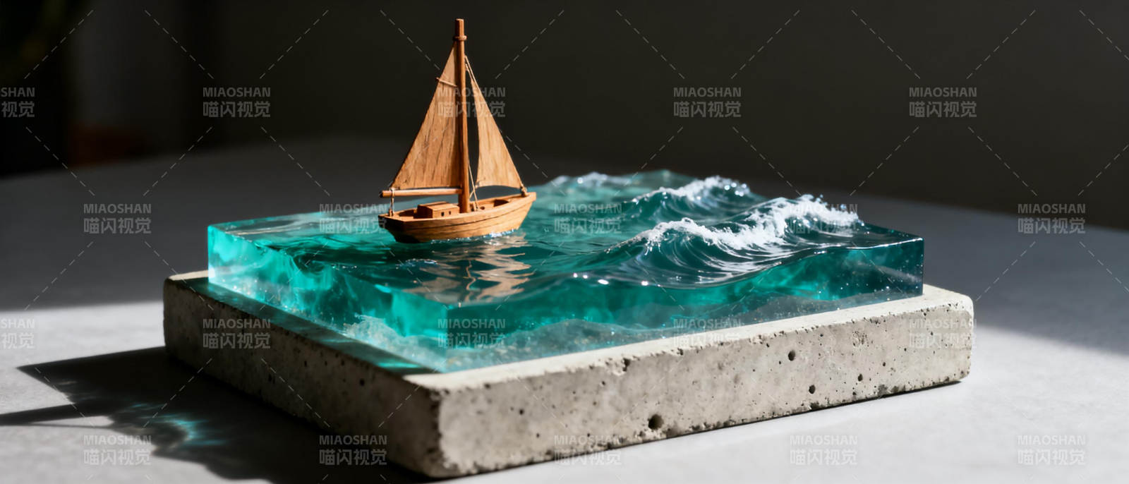 帆船模型静置于海浪之上图片