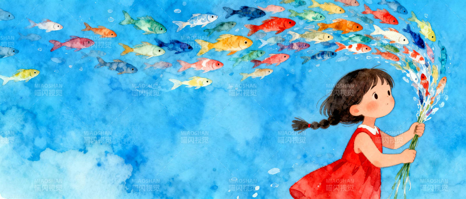 小女孩与鱼群图片