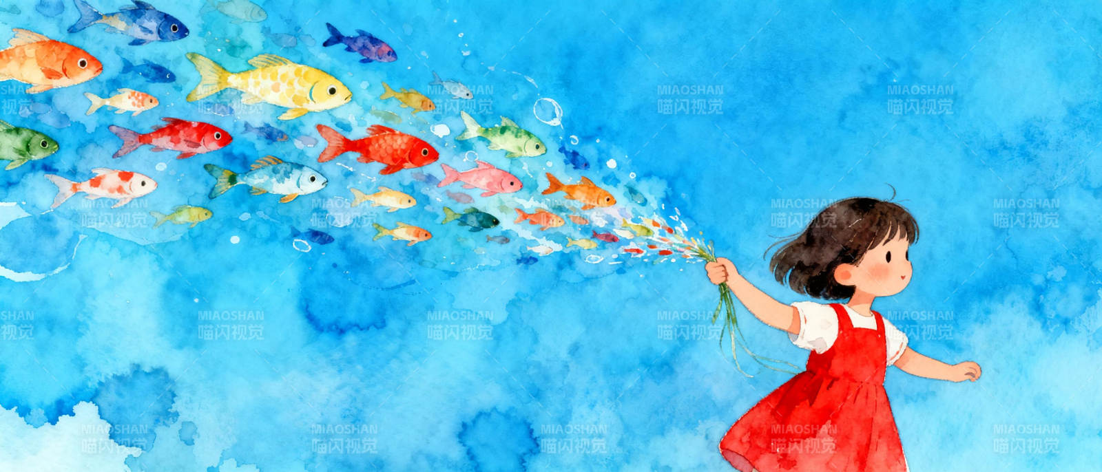 女孩吹出彩色鱼群图片