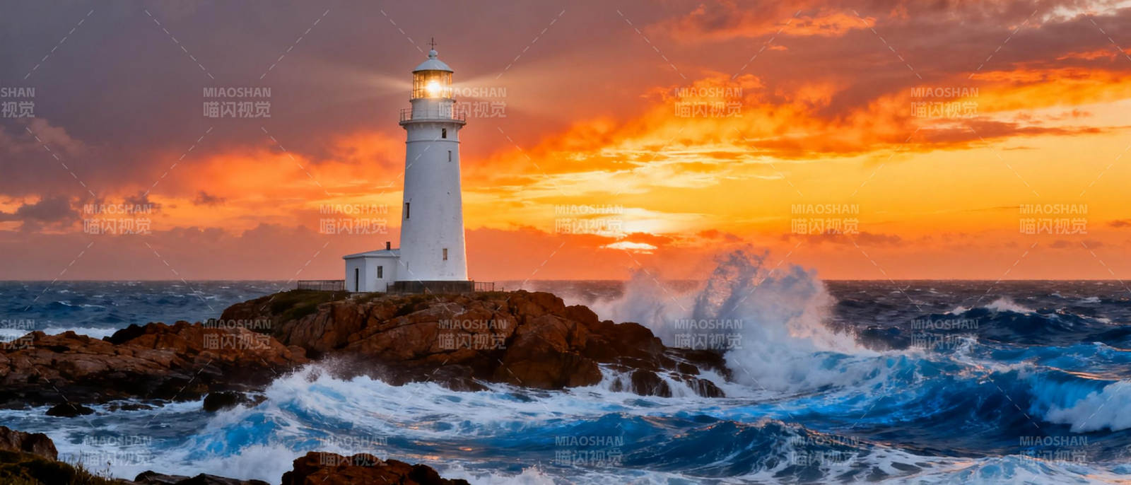 灯塔映晚霞图片