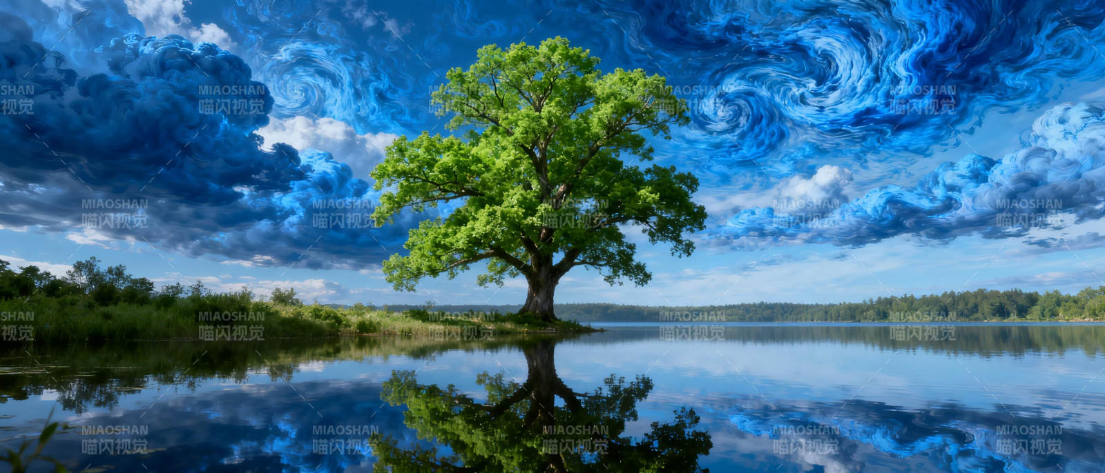 孤树映湖天图片
