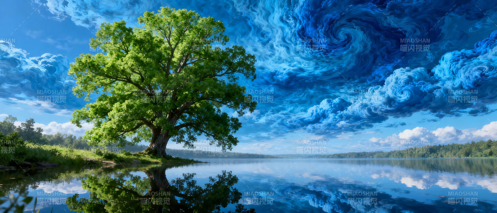 湖畔孤树映碧空图片