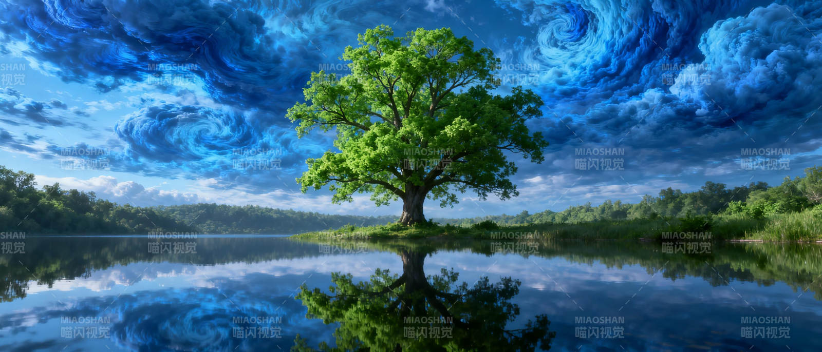 孤树映湖天图片