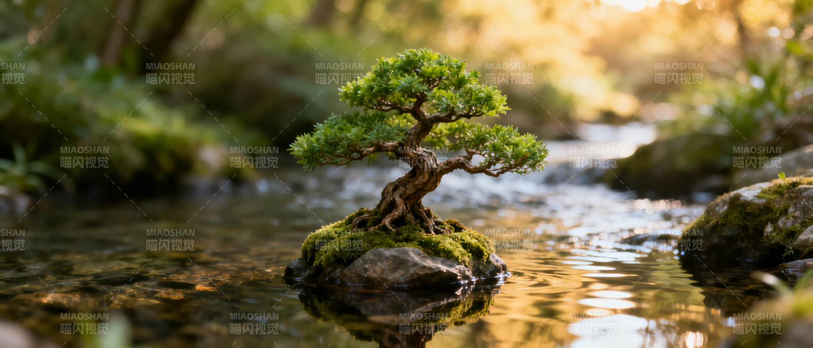 溪畔孤树静谧景图片