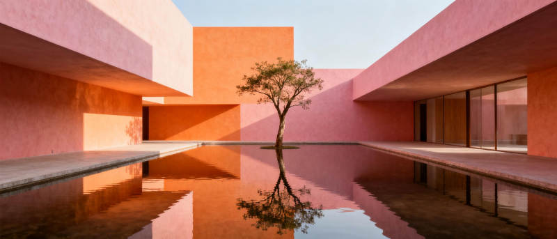 粉红建筑倒影池图片