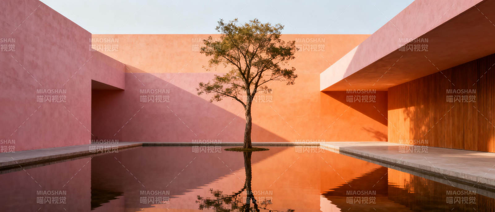 粉墙树影映水池图片