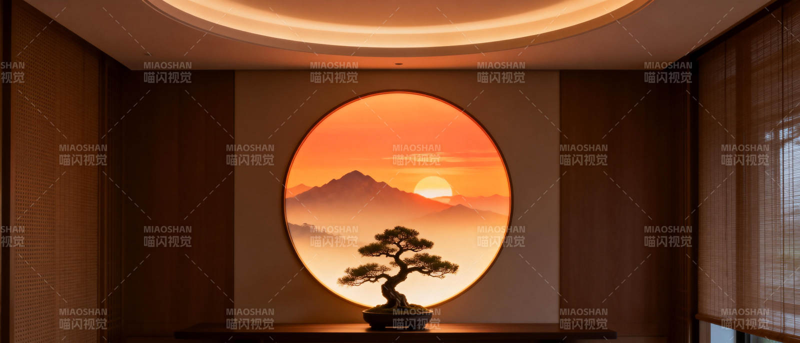 圆窗映山日 松影静谧图片