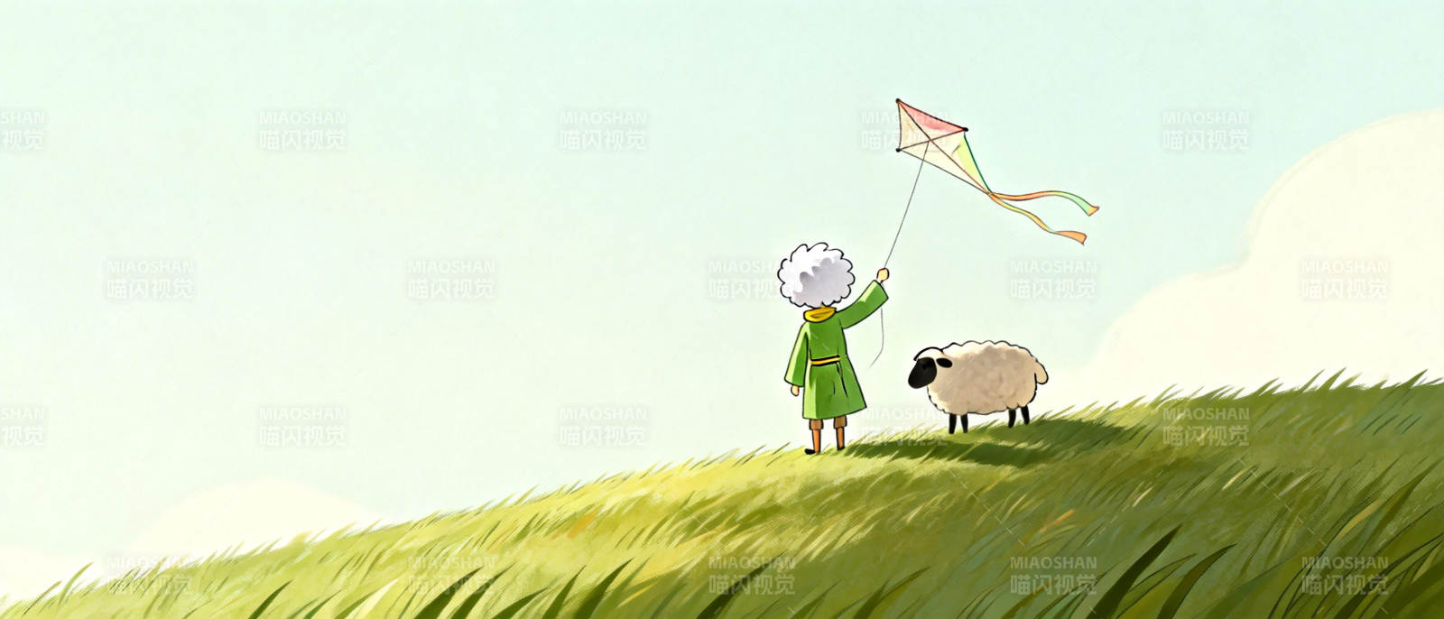 放风筝的老人与羊图片