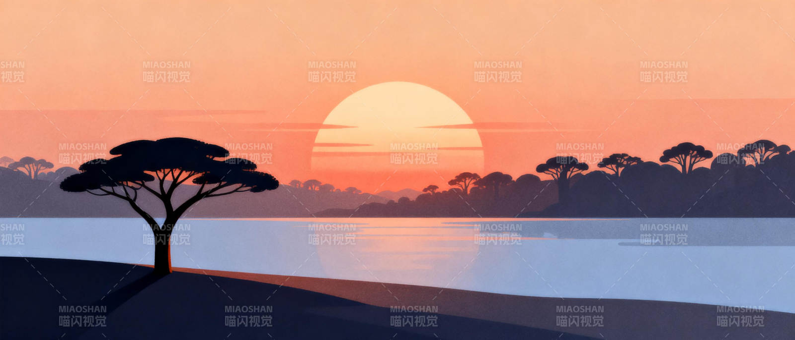 湖畔日落剪影图片